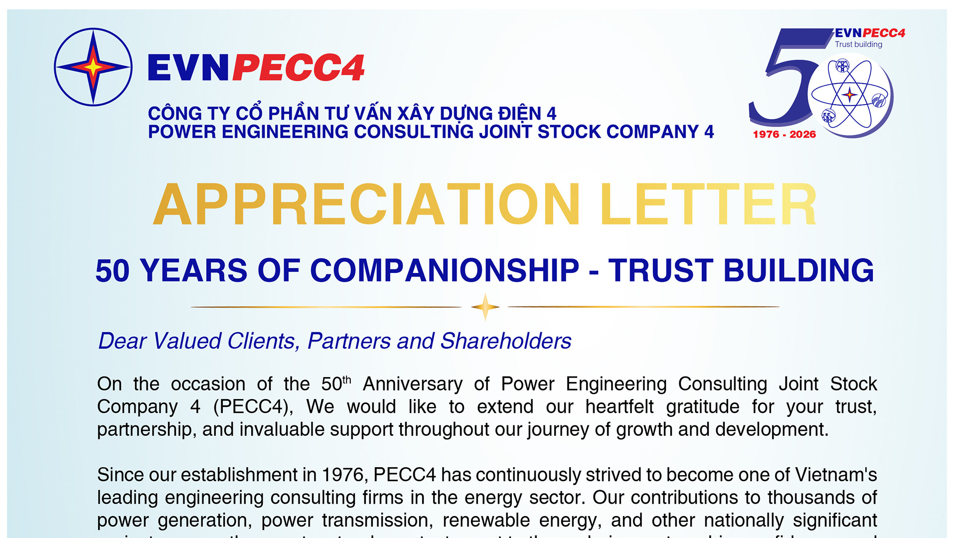 APPRECIATION LETTER 50 YEARS OF COMPANIONSHIP - TRUST BUILDING